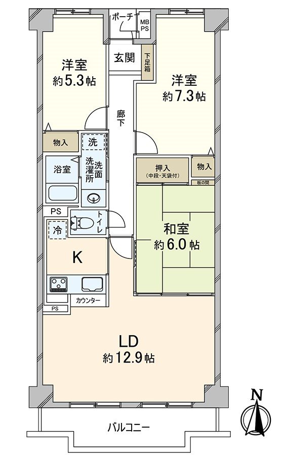 实际使用面积76.26平米(约23.07坪)朝南阳台