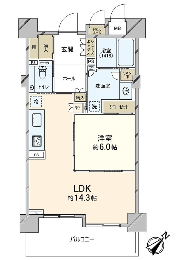 适合1LDK型、东南的阳台实际使用面积54.35平米