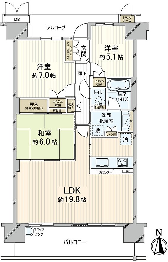 私人使用面積80.56平方公尺，陽台13.30平方公尺的3LDK。在13樓部分朝南的房間，陽光、風景良好！