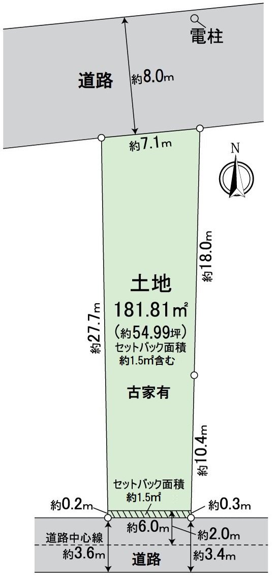 正對約7.1m，南側道路幅員約3.4m對北側道路幅員約8.0m做約6.0m接道