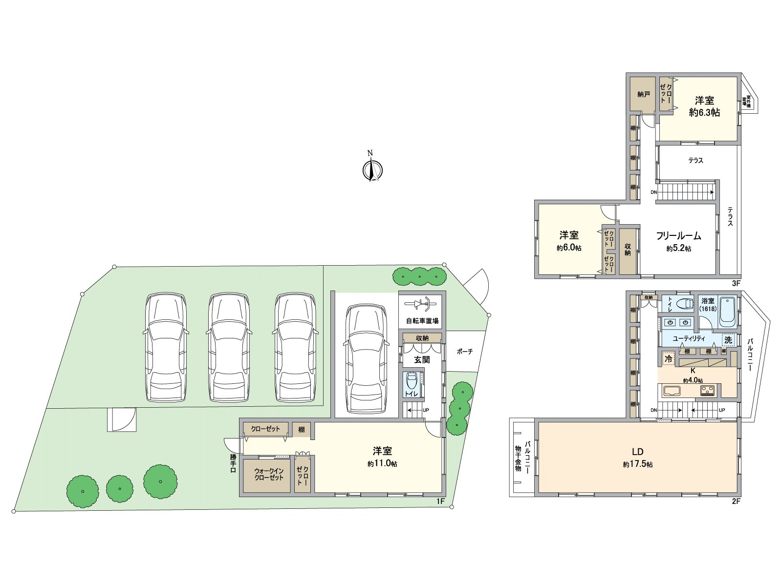 3SSLDK的房型。可以停車4台。(1間車庫、3台平面)在車型有限制。