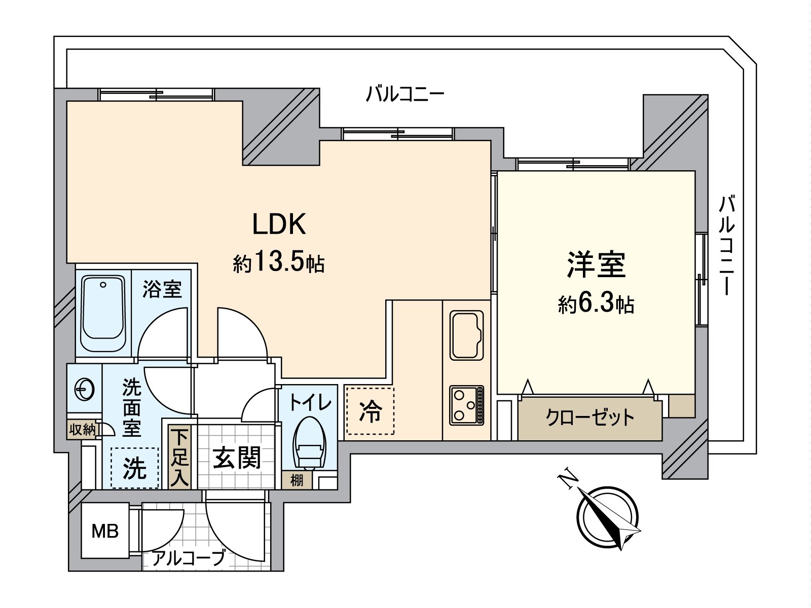 Plan of 1LDK. L-shaped terrace of Northeast, the Southeast Orientation