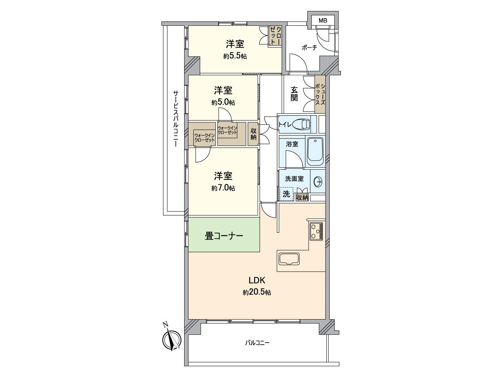 Plan of the 3LDK. There is a J corner.