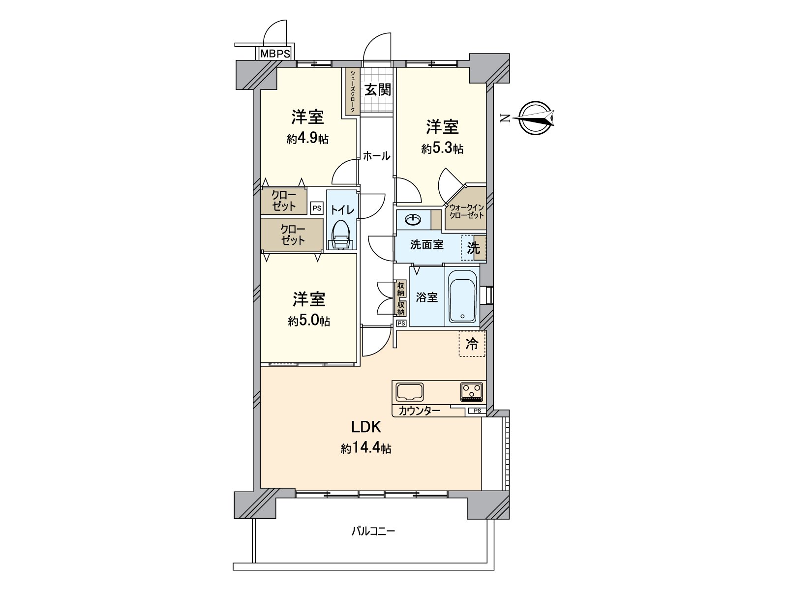 3LDK的房型，各居室有收納。