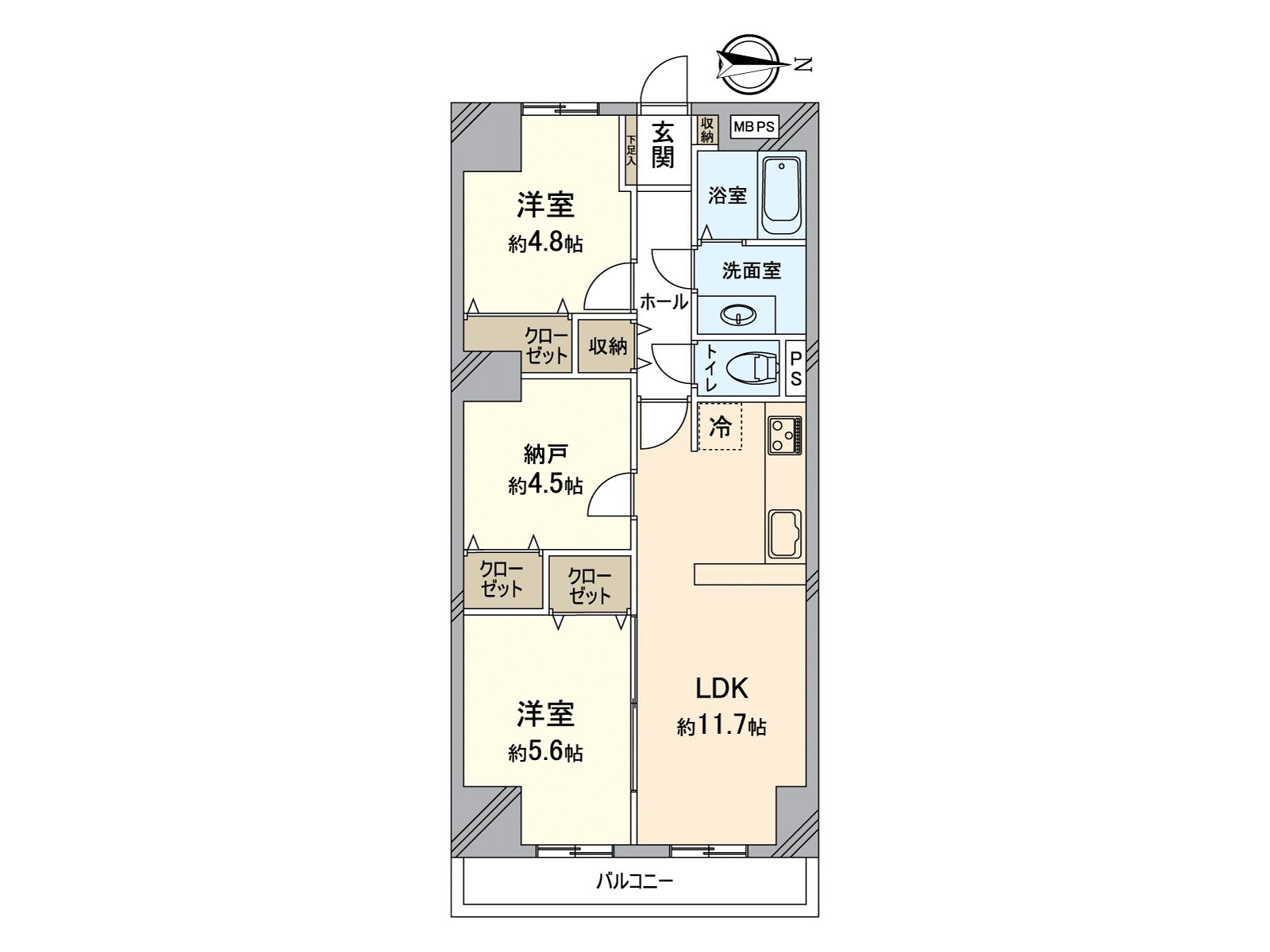 2SLDK的房型，各居室有收纳