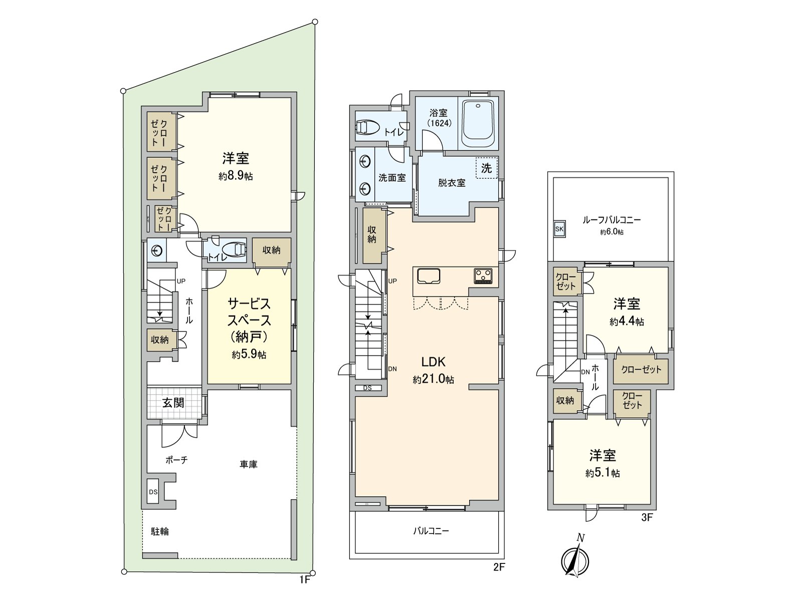 3SLDK建築面積：124.23平方公尺土地面積：88.10平方公尺