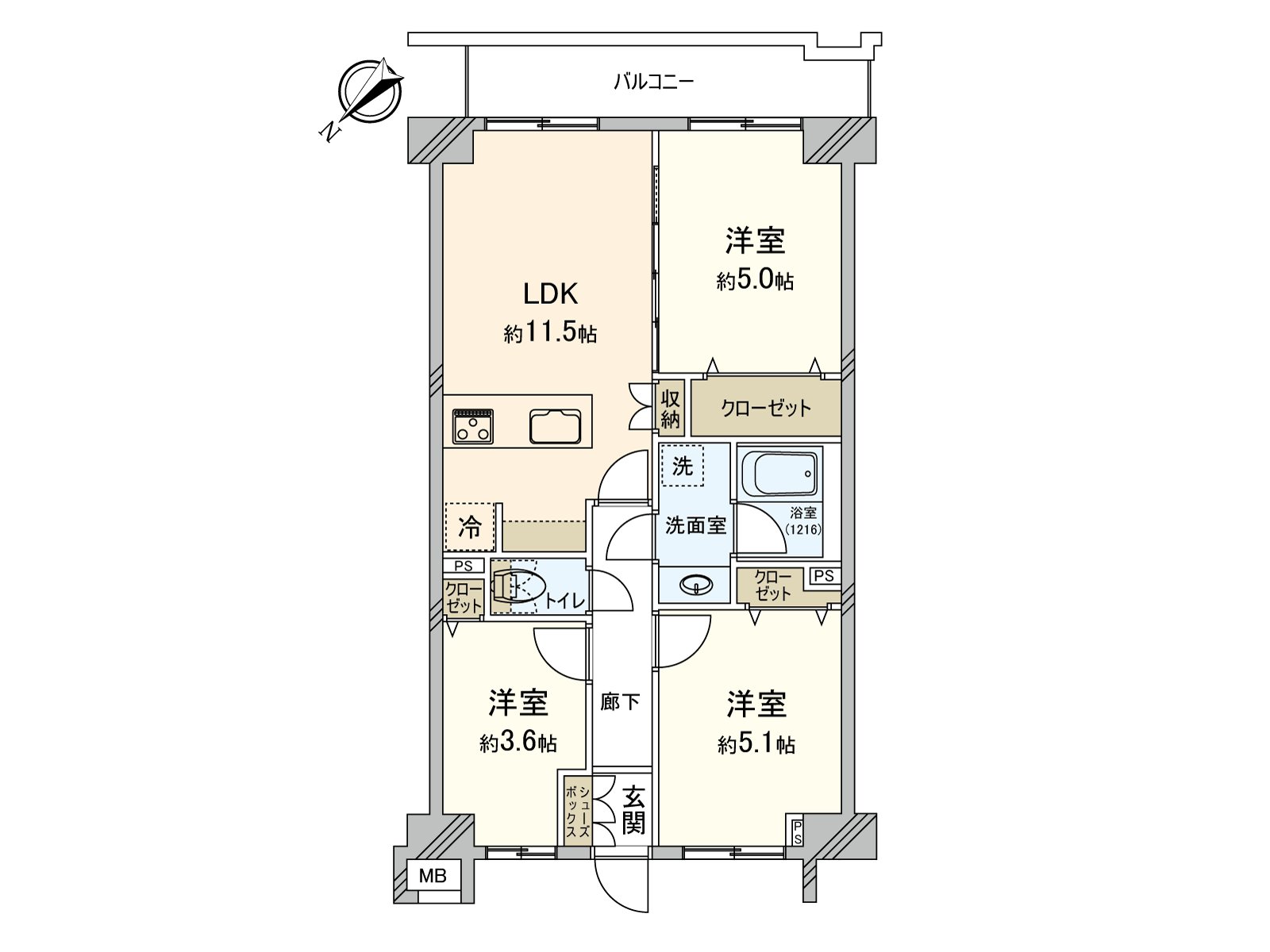 3LDK、専有面積：60.95平米（約18.43坪）