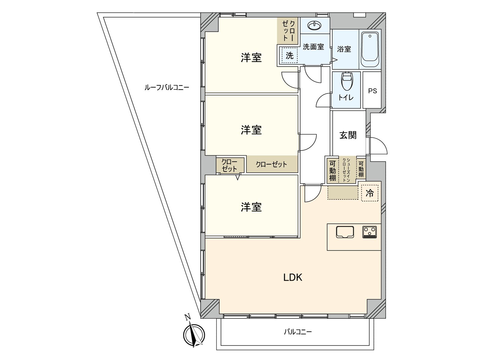Exclusive area: 71.83 square meters of Layout: 3LDK