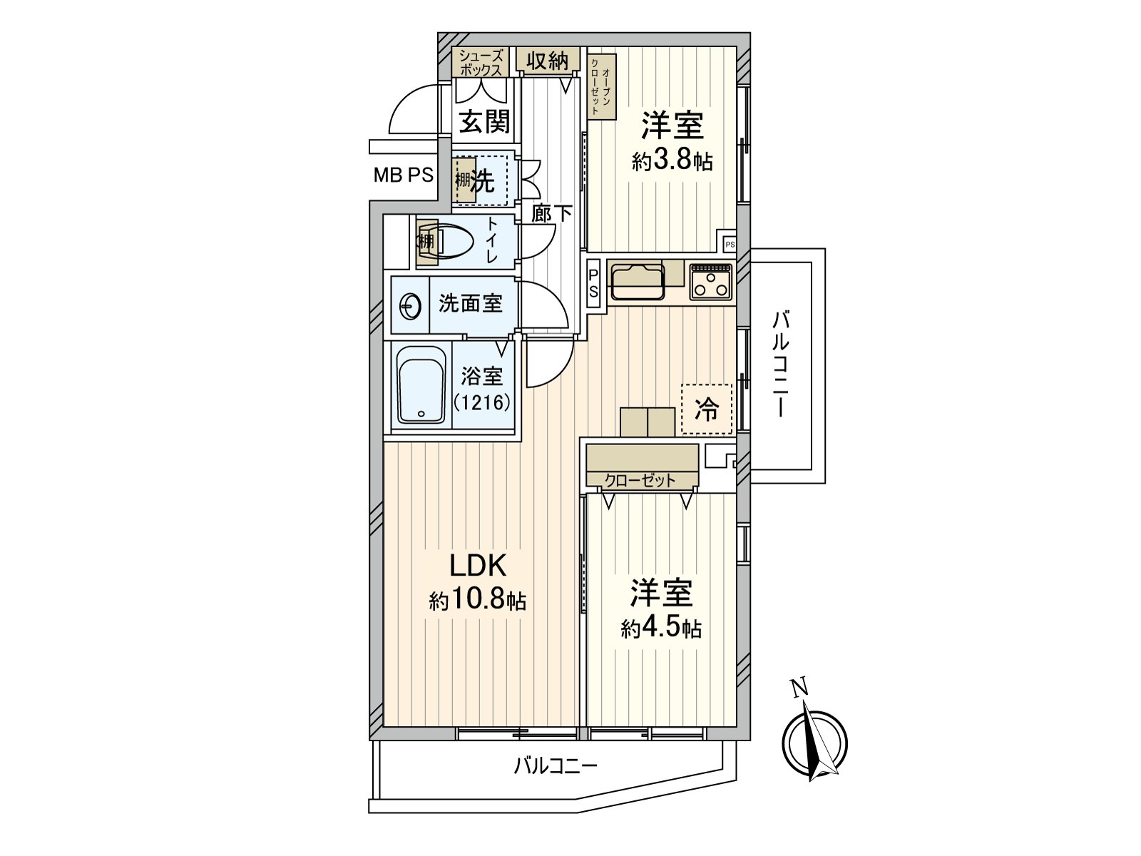 2LDK，实际使用面积：45.80平米(约13.85坪)