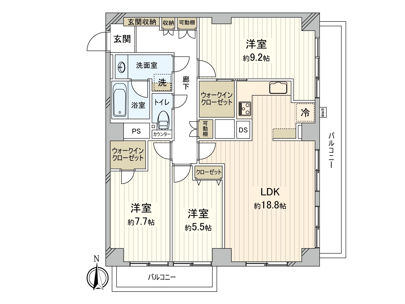 3LDK，实际使用面积：100.77平米(约30.48坪)