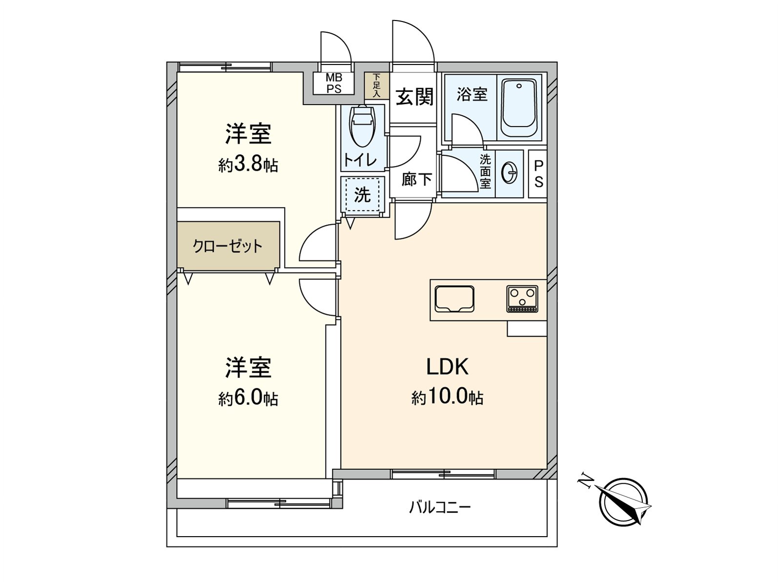 2LDK，实际使用面积：45.53平米(约13.77坪)