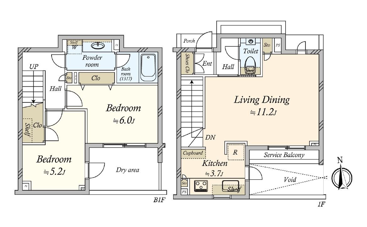 The Maisonette Type that living and a bedroom are cut into pieces