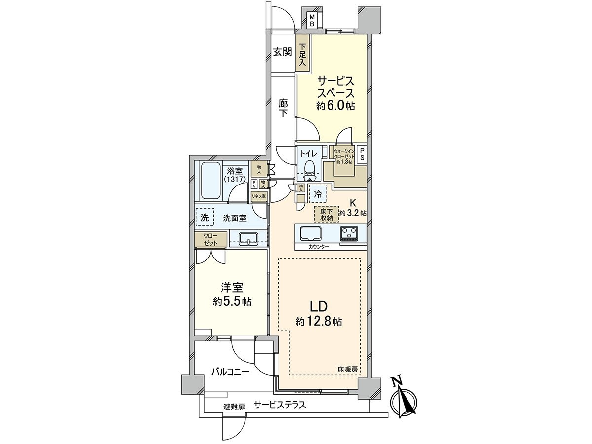 The bright living room that faced the room open to the south widely. I use about six quires of north side service space as a bedroom, and WIC raises a storing power. You can spend it by area at the same level in comparison with the room of 2LDK.