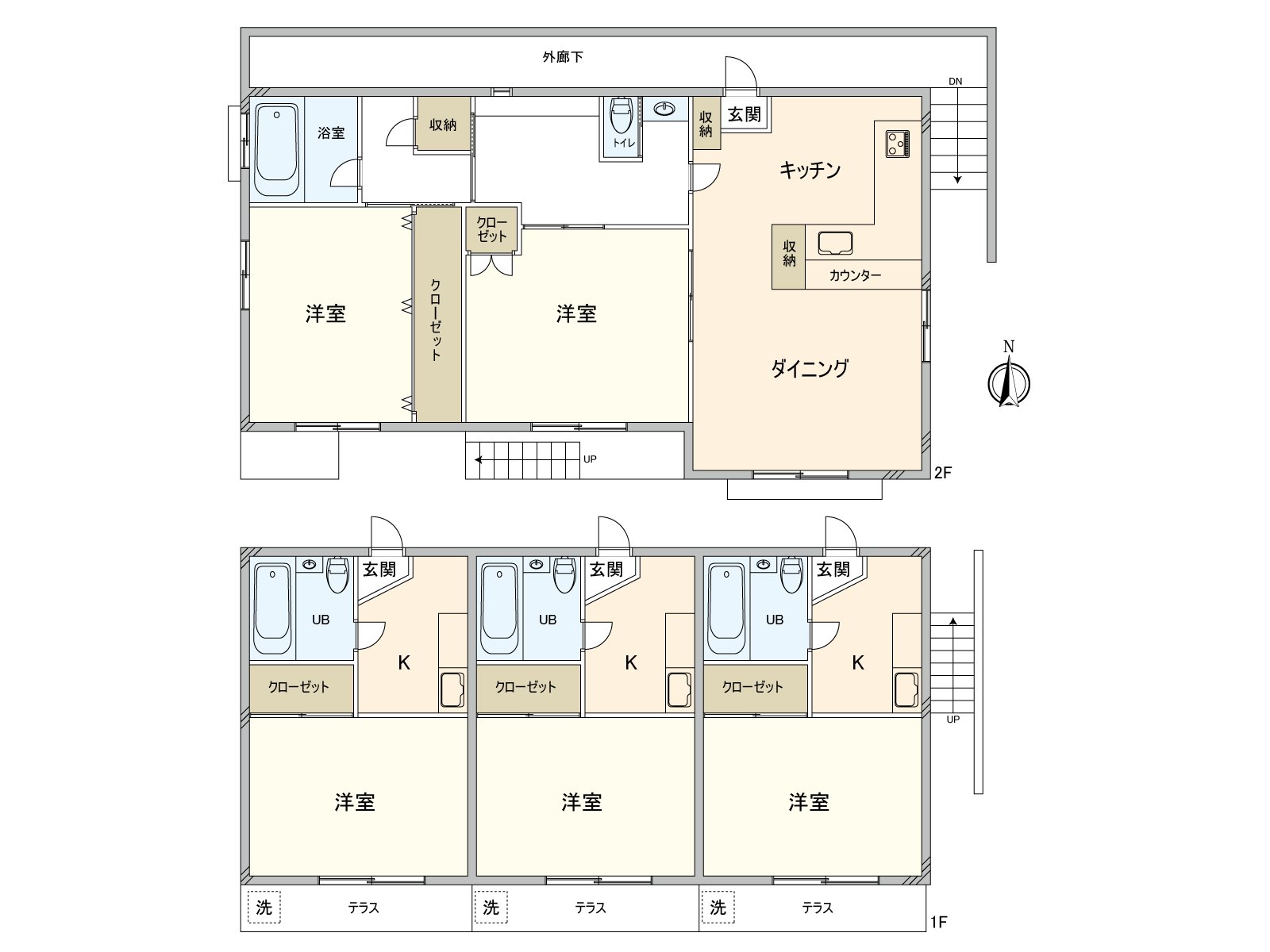 1楼部分(3个房间出租中)，2楼部分(空房)