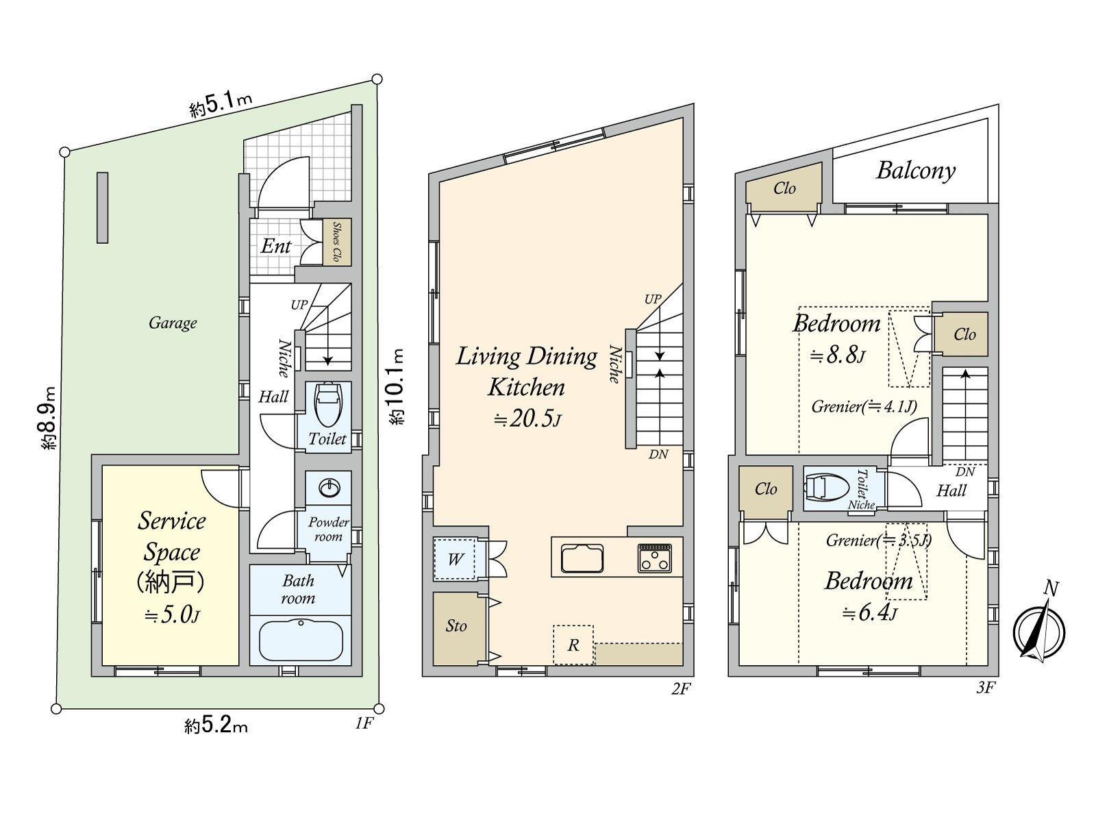 约20.5张塌塌米LDK，两个3楼的西式房间的上部有小房间背后收纳。