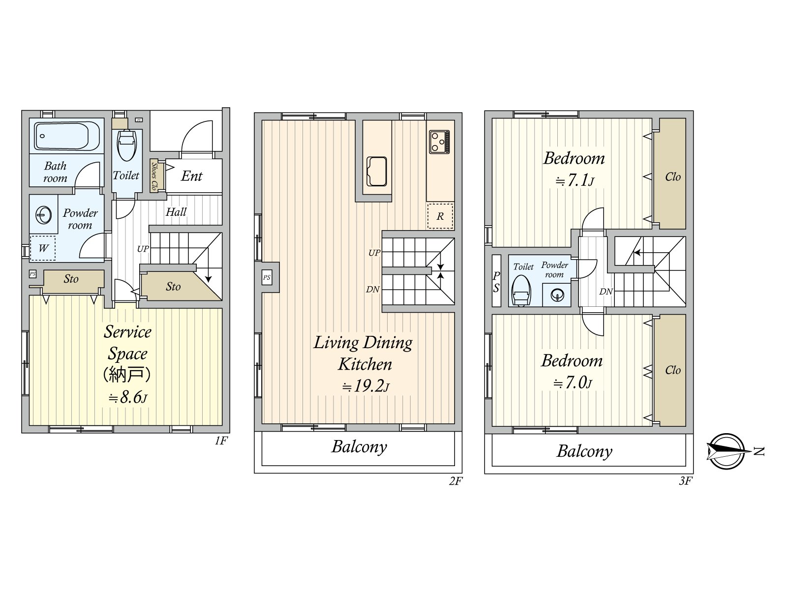超過7張塌塌米全居室的寬鬆的間取。廁所在1樓和3樓。