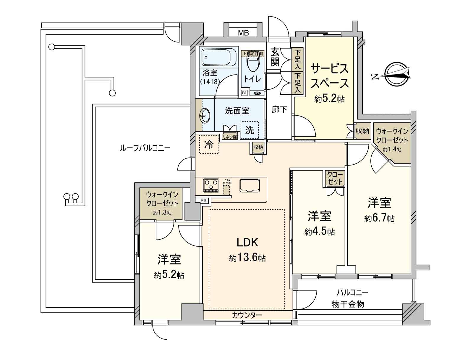 Exclusive area 80.06 square meters ･ 3SLDK6 Stories 5th floor part, corner unit of the West ･ North, with roof balcony