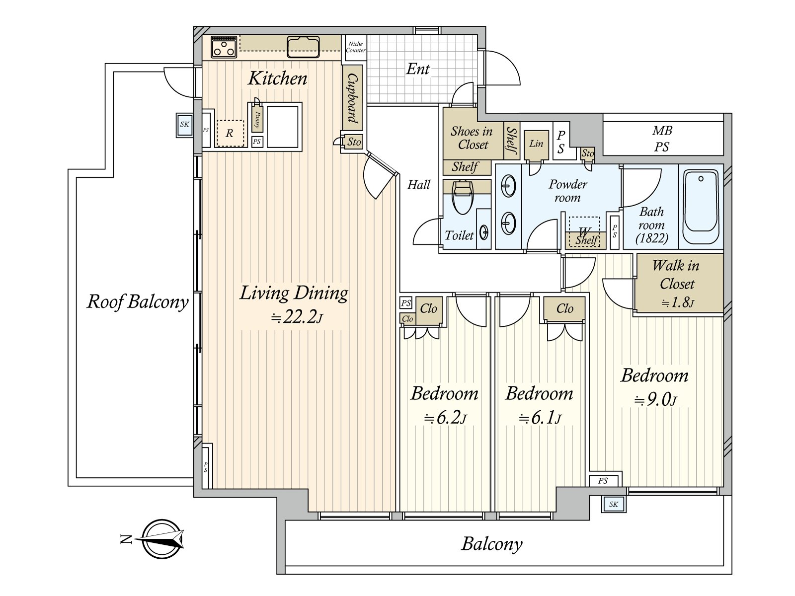 住戸為位於頂樓難以在意生活聲音。有從屬於全居室存儲空間的舒適的家。是被在難以顯現出室內的樣子的隱私門口考慮的設計。