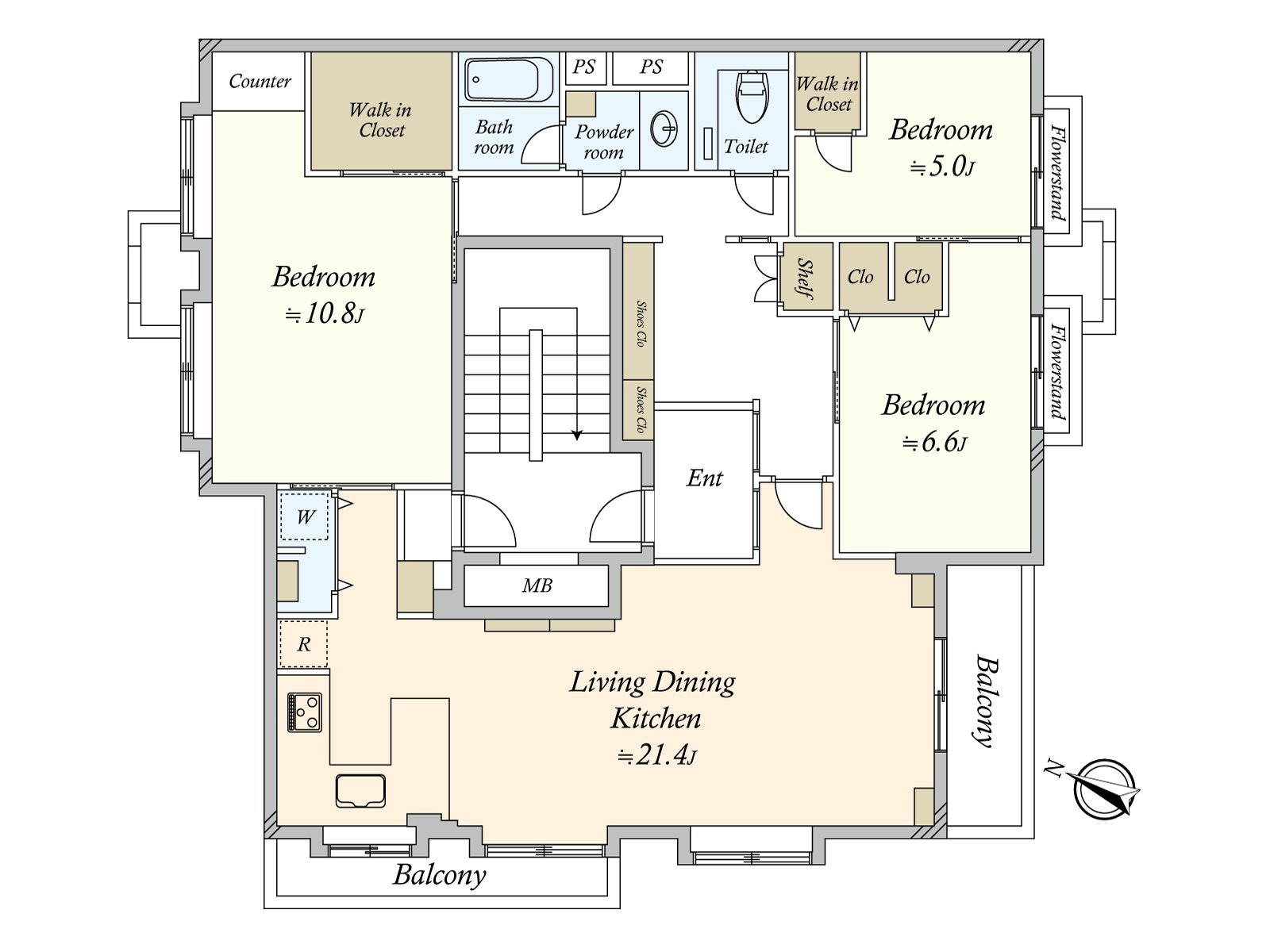 物件全体のレイアウトを示した間取図です。動線や採光の参考になります。