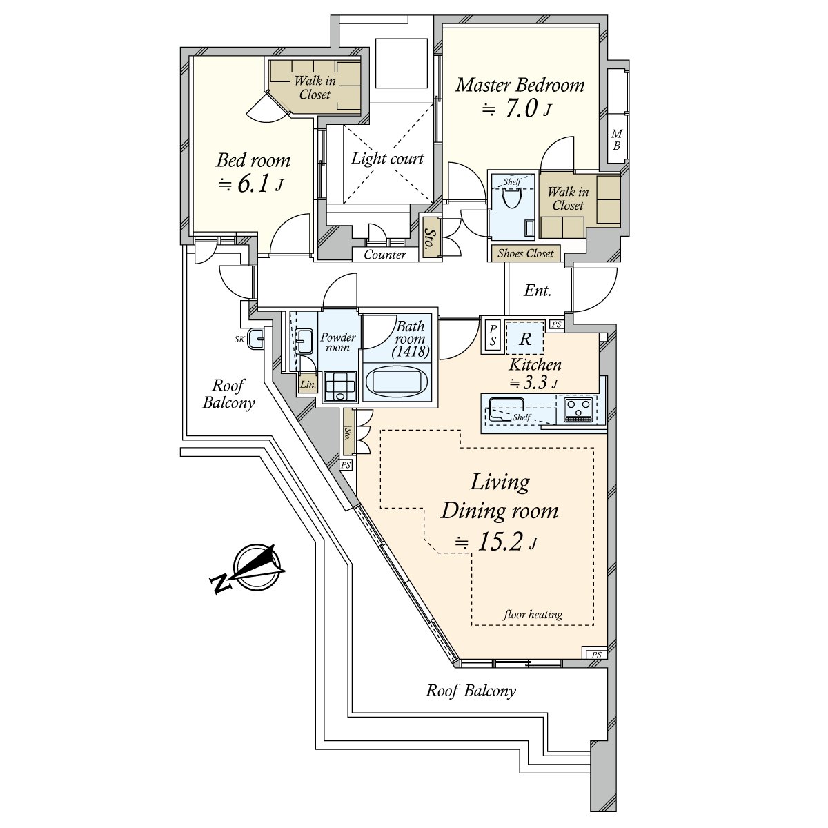 為東北、西北邊間，約20平方公尺的有屋頂陽台，有開放感覺