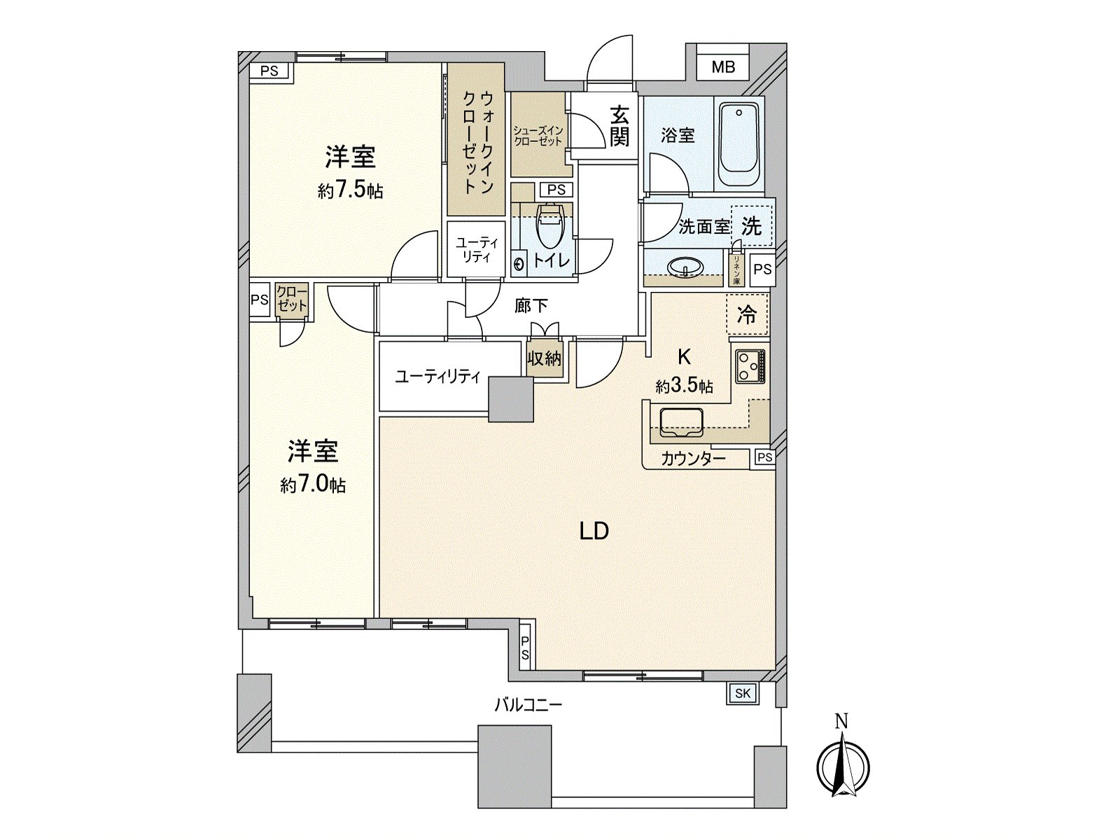 是作为2LDK，实际使用面积83.90平米，阳光良好度的朝南的房间。