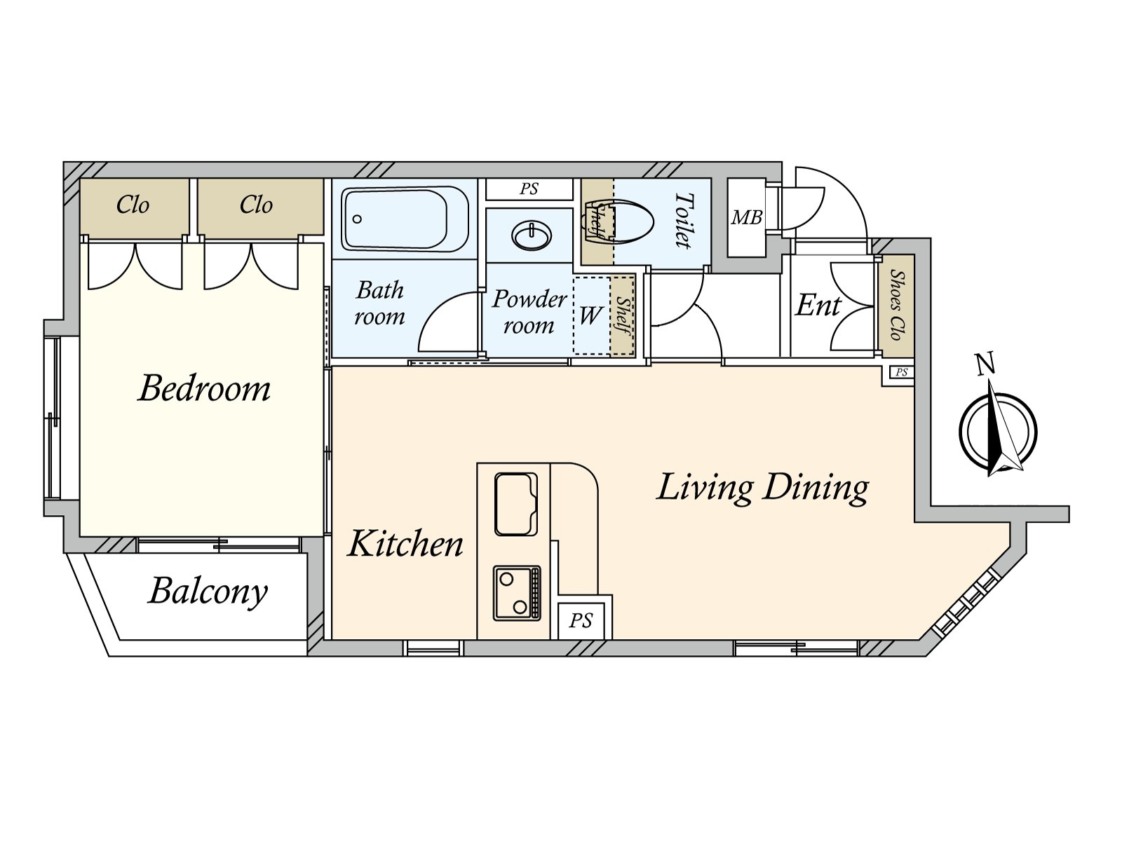 It is neat Plan for the wall type Structure where a pillar type does not appear in 3 direction angles, room of the Southeast ･ South ･ West Orientation