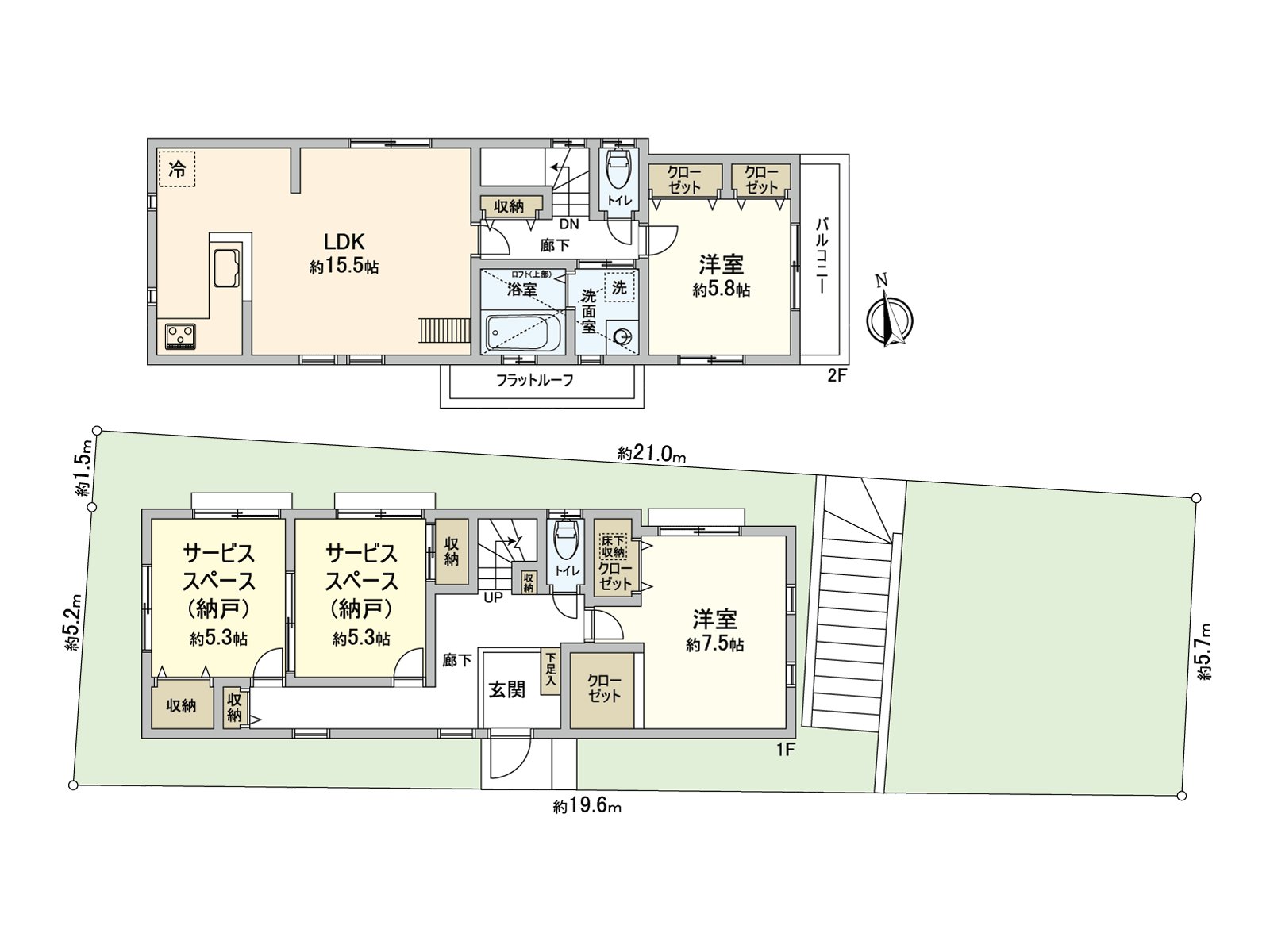 LDK is placed in the 2nd floor and is the design that is hard to be worried about eyes from the outside. Storage space is established in the everywhere including the storeroom. It is a house having good ventilation by all rooms two lighting.