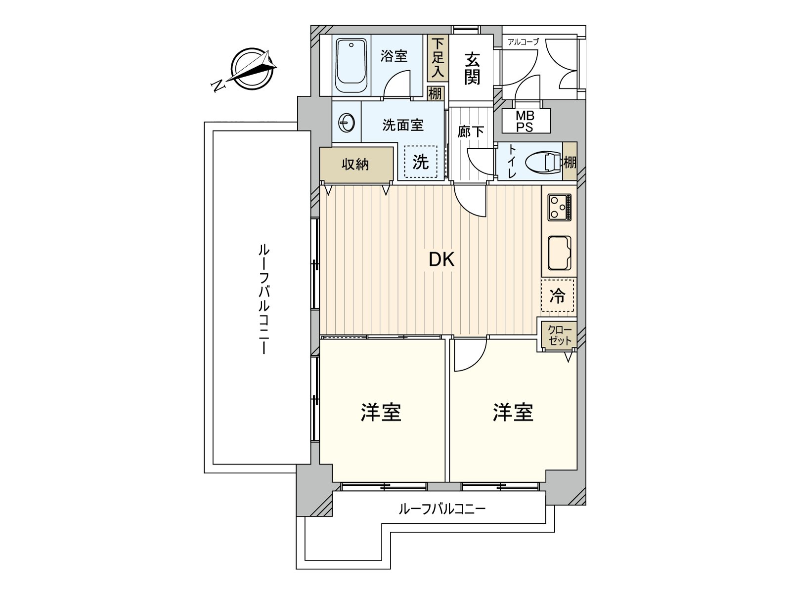 It is corner unit of 2DK facing the all rooms terrace. For two terrace, it is the Plan which the ventilation is good and is easy to ventilate.