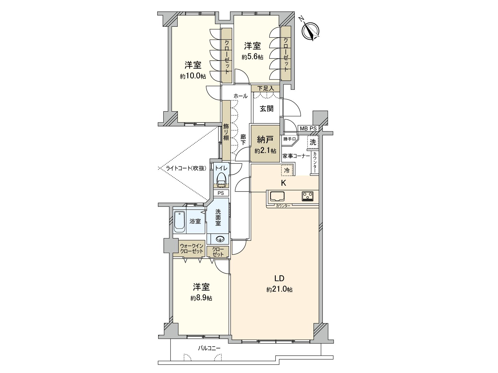 家族聚集的客餐廳有約21.0張塌塌米和舒適的面積。是約2.1張塌塌米儲藏室以及走廊的陳列架收納豐富的住戸。