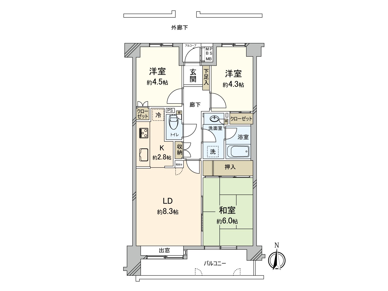 走廊少，并且水周圍被匯集的有效的房型被采用。包括走廊在內，到處有收納，能廣泛地確保居住空間。