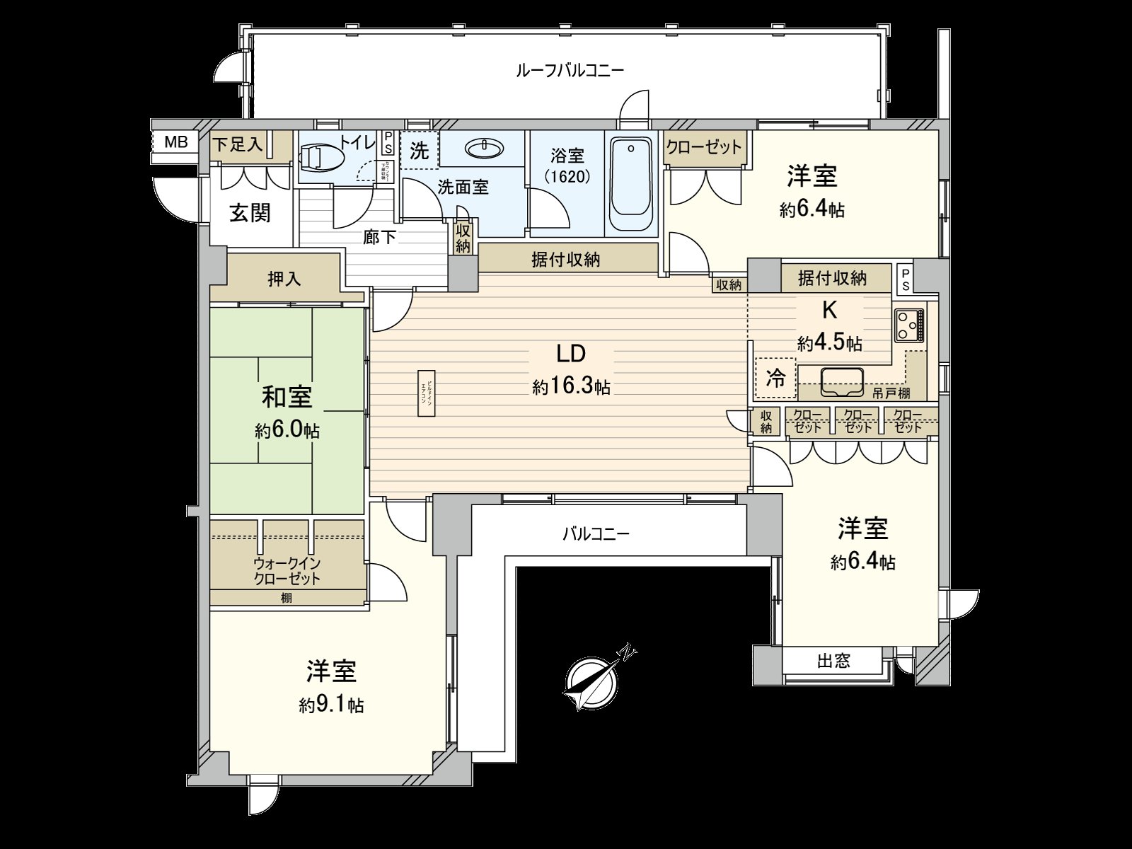 Top Floor 5th floor part of the built 5 stories above the ground and 1 story underground, Southeast Orientation 4LDK of 3 direction rooms. There are L-shaped Terrace and roof balcony. It is an effective Plan design with a few corridors.