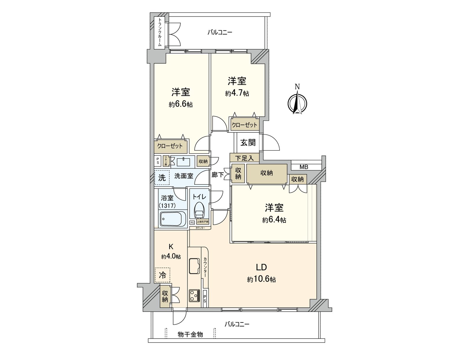 开放LDK和约6.4张塌塌米邻接的西式房间的拉门的话能作为约21.0张塌塌米空间活用。在门口附近有洗脸室，回家之后的洗手顺利。