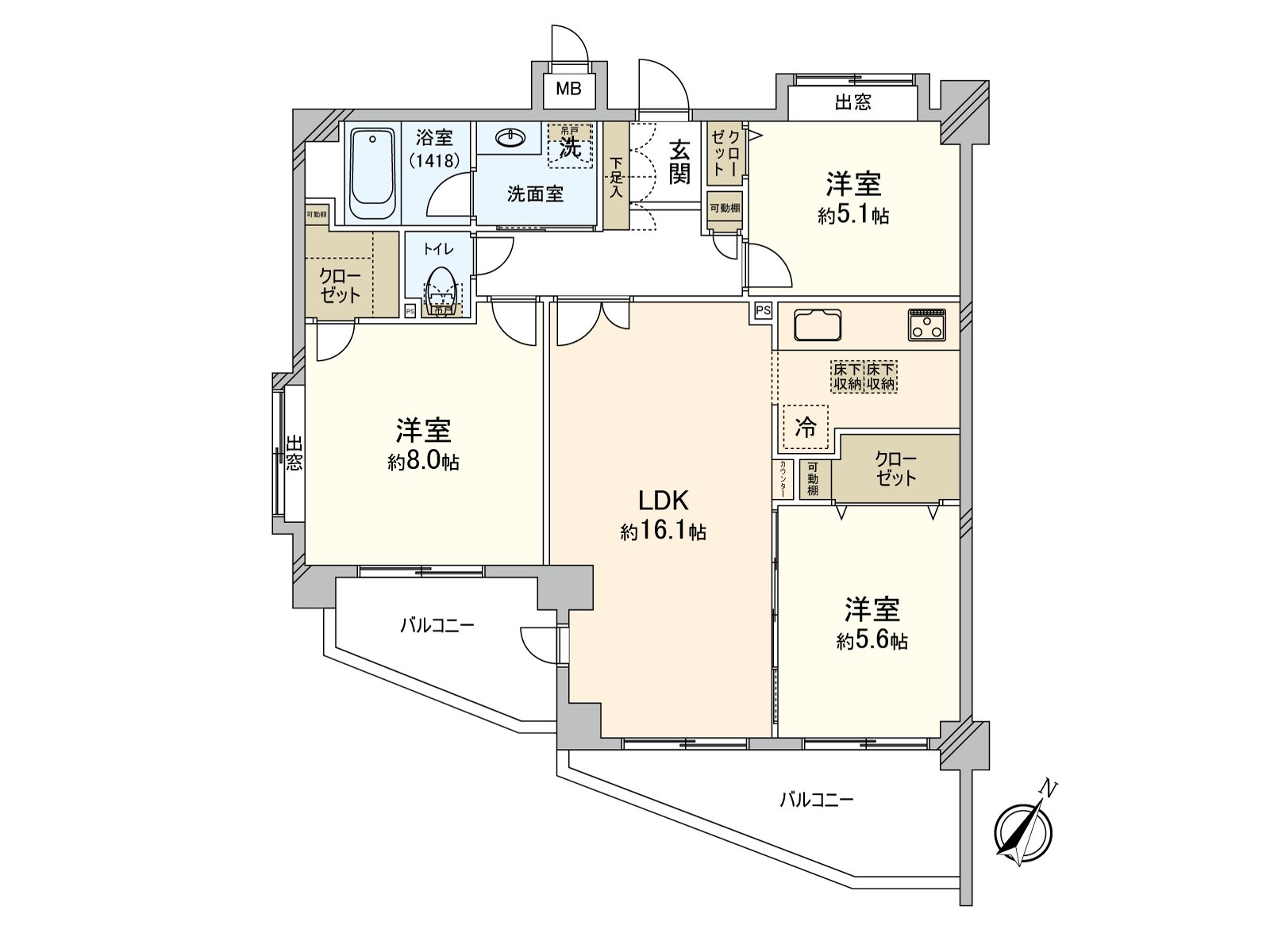 Corner unit of the Southeast ･ Southwest Orientation. There is storing Facilities in the everywhere including the floor lower storing and can secure a residential space widely. It is March, 2025, kitchen ･ bathroom ･ Dresser etc. replaced, wall ･ flooring swap etc. interior Renovation completed.