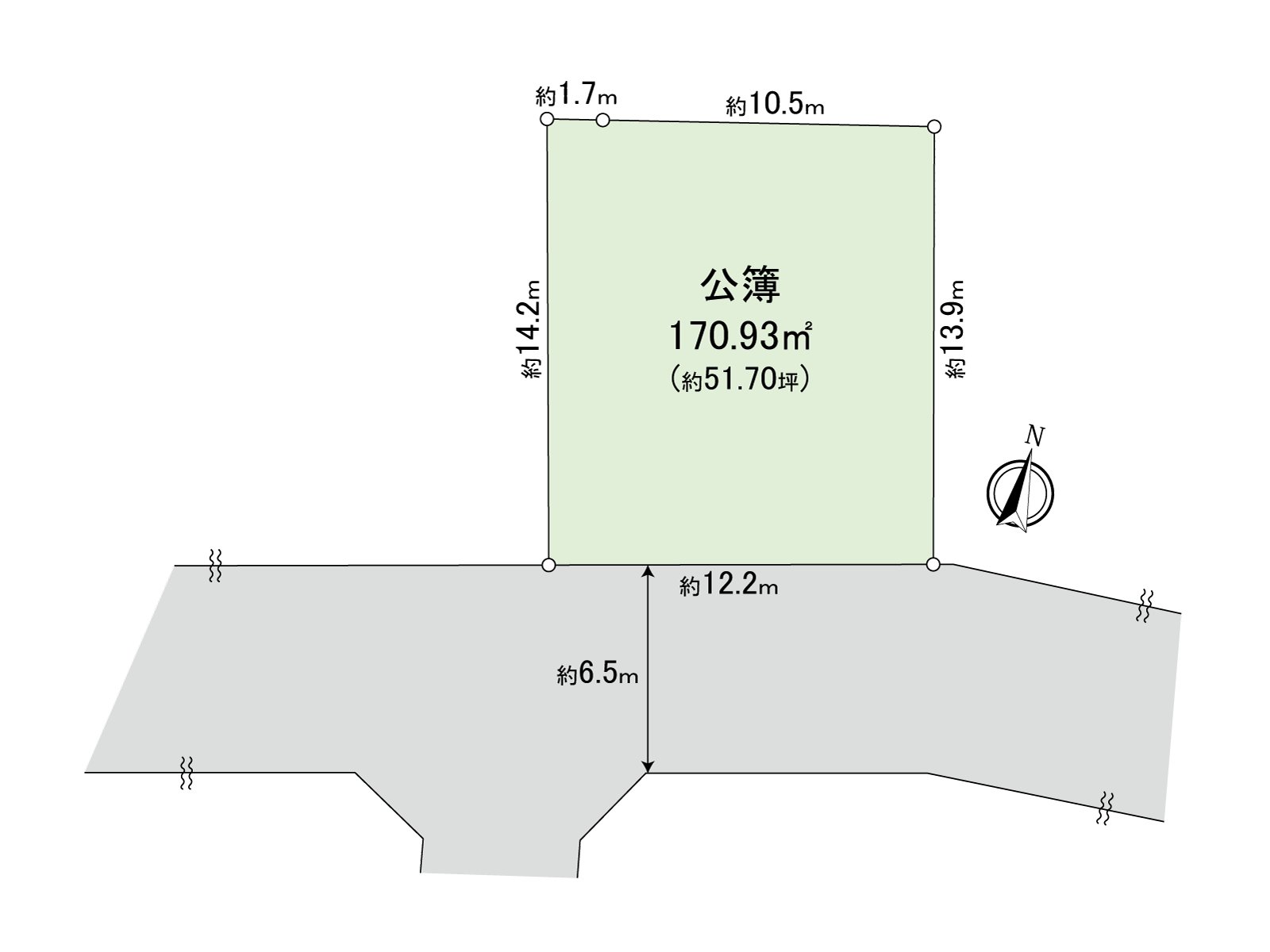 東南一側前面道路的幅員正約6.5m，正面寬度約12.2m做接道。因為是討論能領受各種各樣的計劃的整形地所以建築計劃的寬度也拓寬。