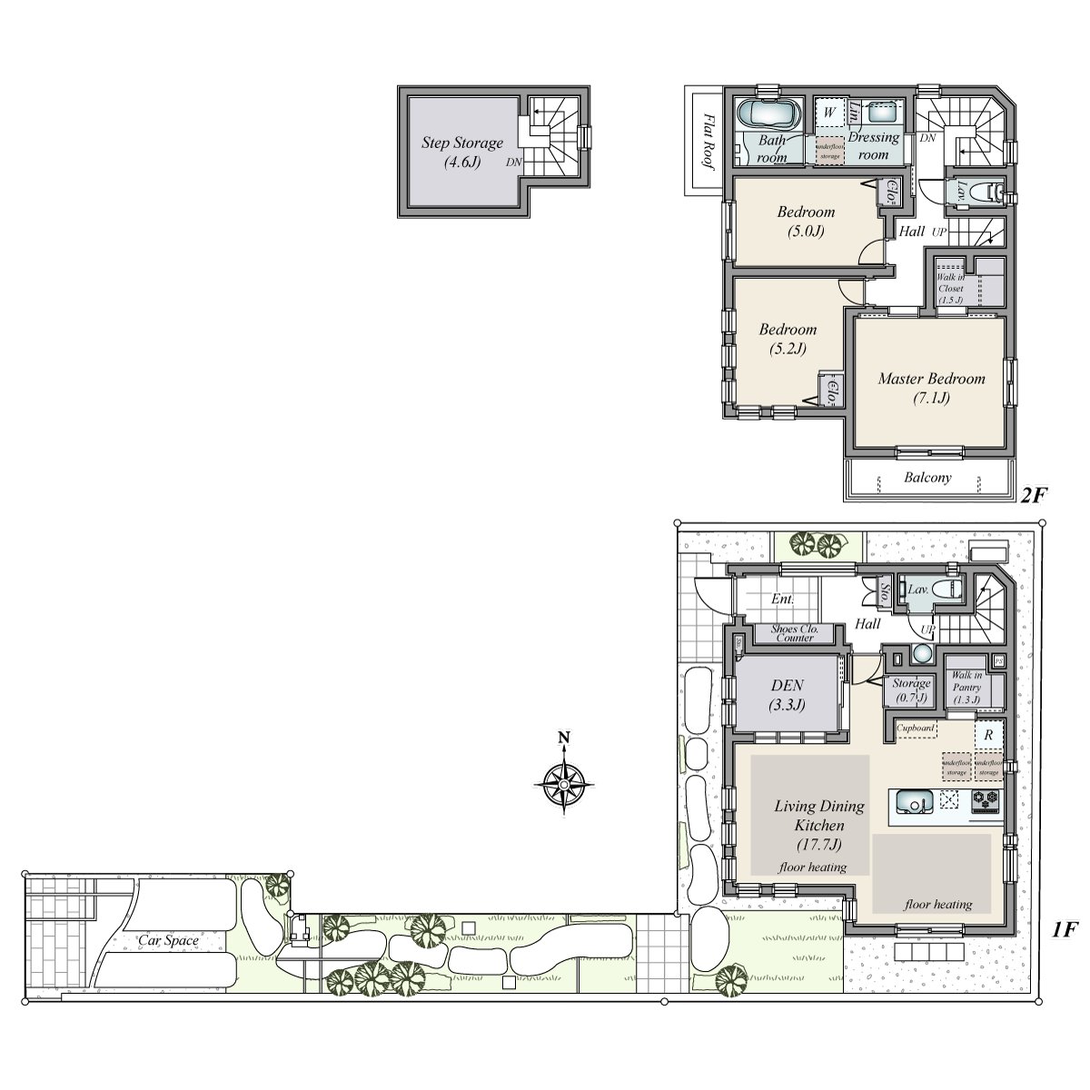 約17.7張塌塌米LDK是包括南在內的3面采光。是各房間在樓梯以及走廊舒適地連接的房型。因為STEP庫存或者嵌入式衣櫃等的收藏豐富所以能和感覺清醒保持住空間。
