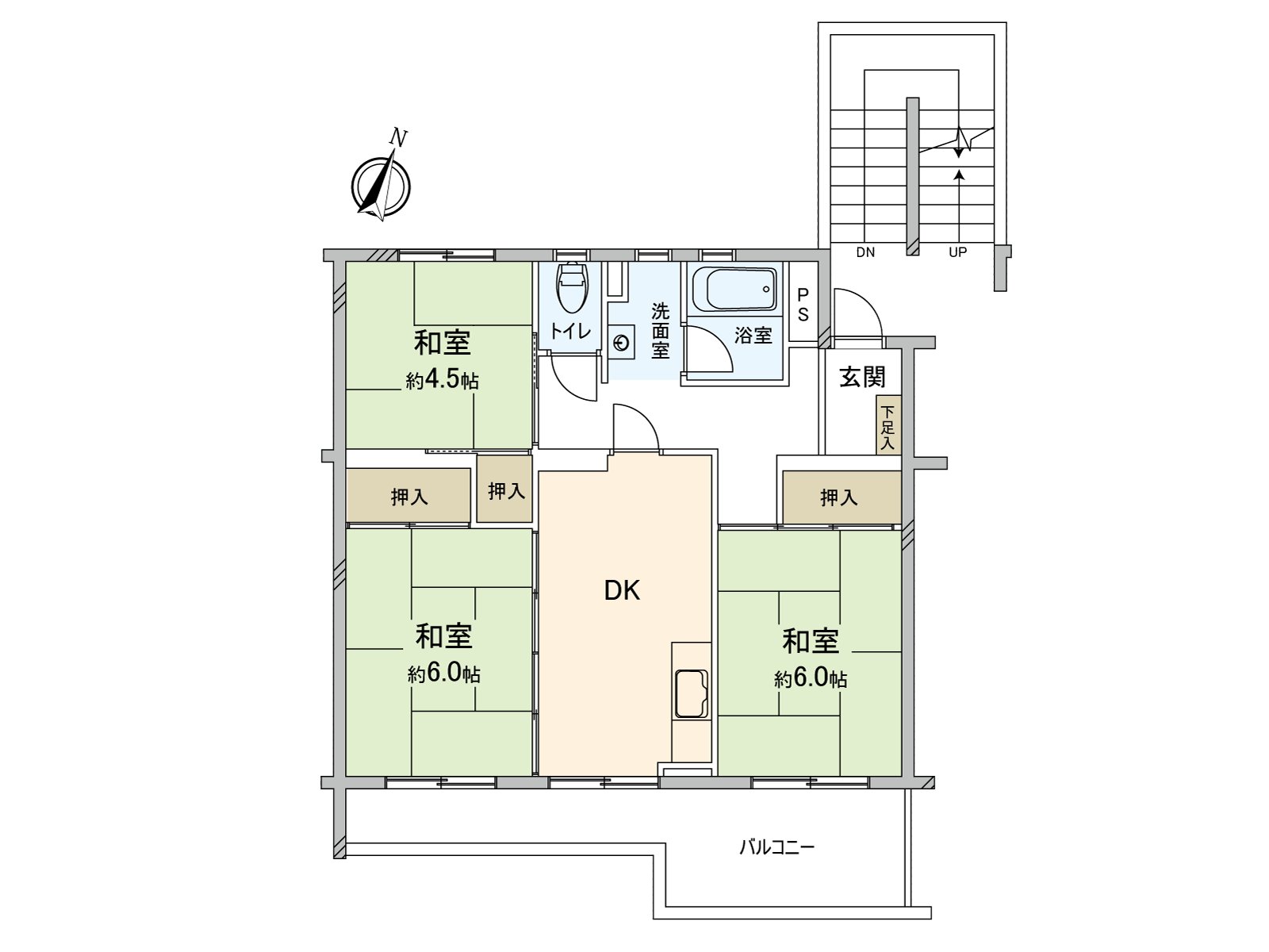 在DK和邻接的日式房间(约6.0张塌塌米)，因为开放拉门所以，可以利用到底。厨房不损坏餐厅空间的面积的贴墙式被采用。