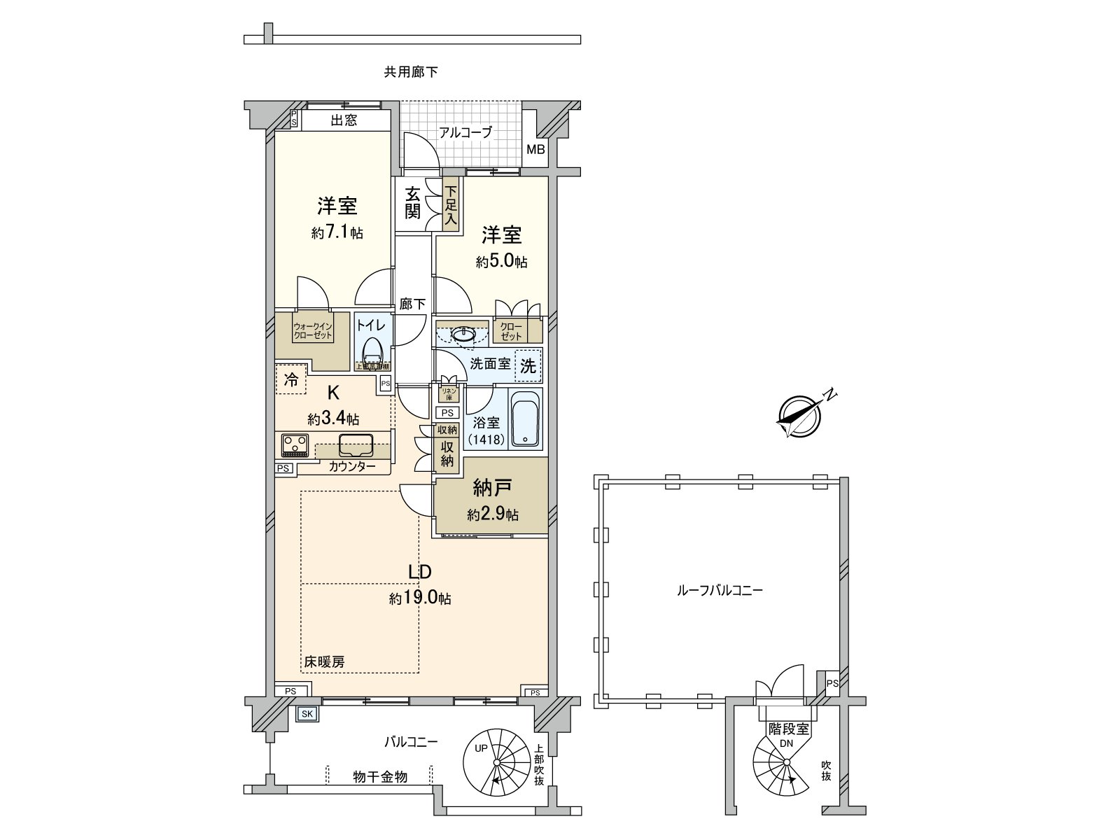 在约22.4张塌塌米宽敞的LDK，对收纳有用的储藏室被设立。在屋顶的屋顶阳台，可以用餐以及园艺，孩子的游泳池各种各样的活用。