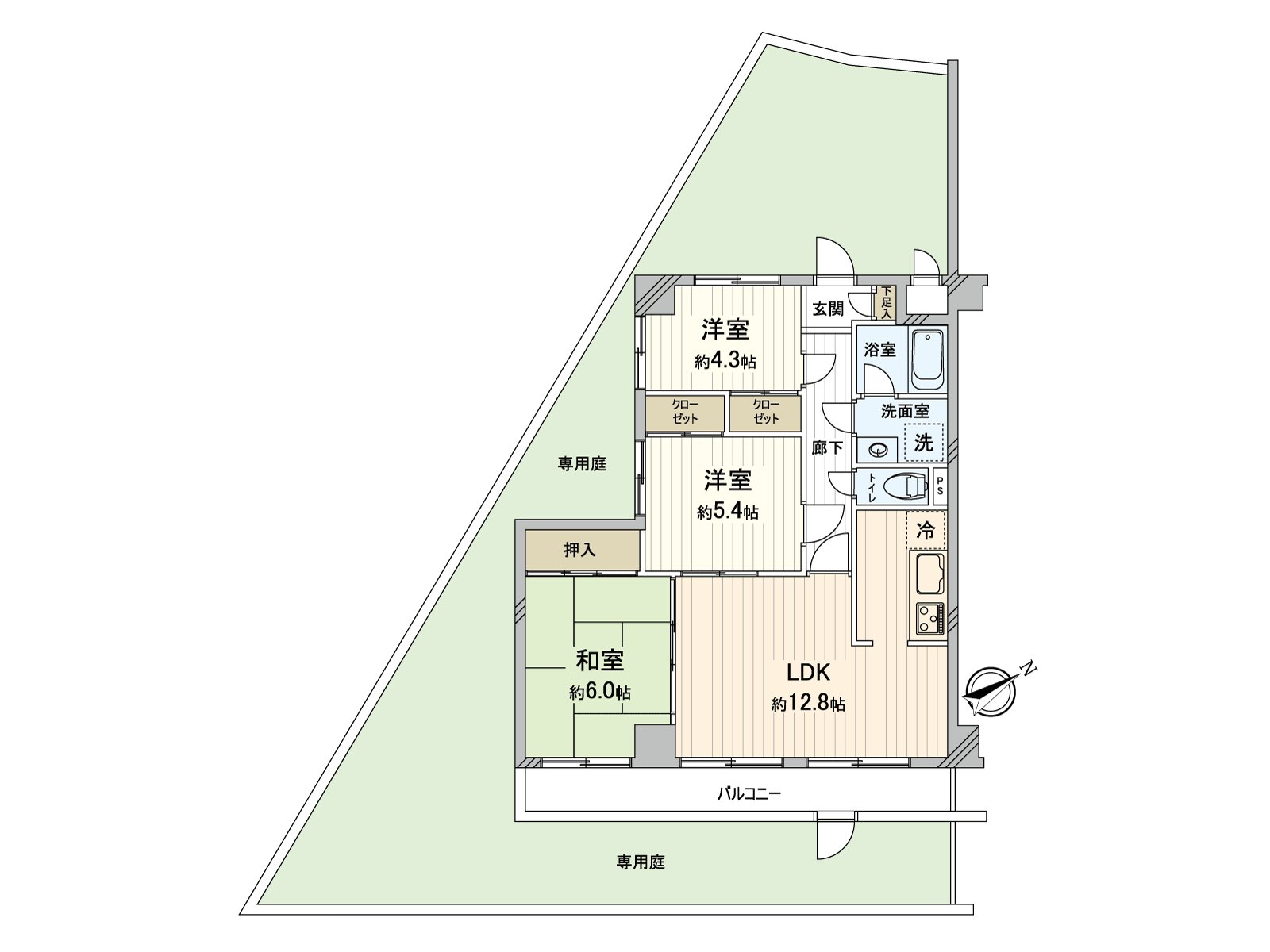 3LDK with about 45.5 square meters of exclusive gardens