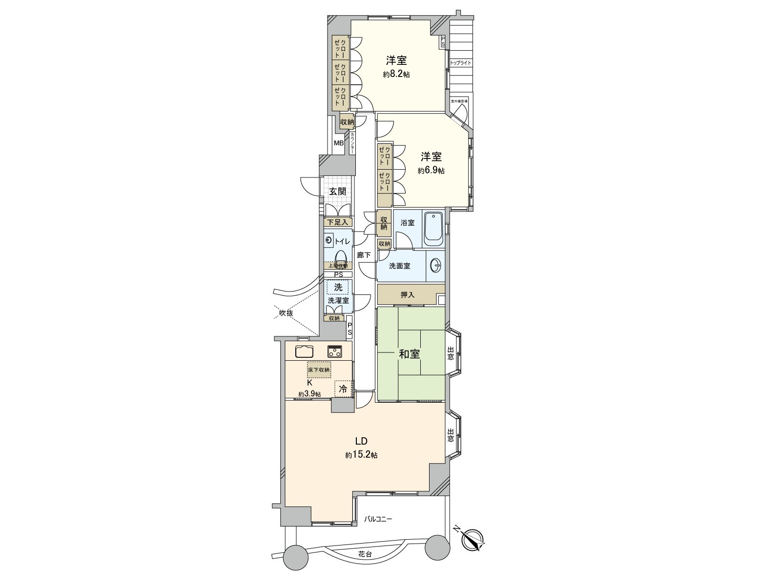 廚房在能有效地靈活運用空間的貼墻式具有地板下邊收納。私人使用面積100.79平方公尺的舒適是某一個家。