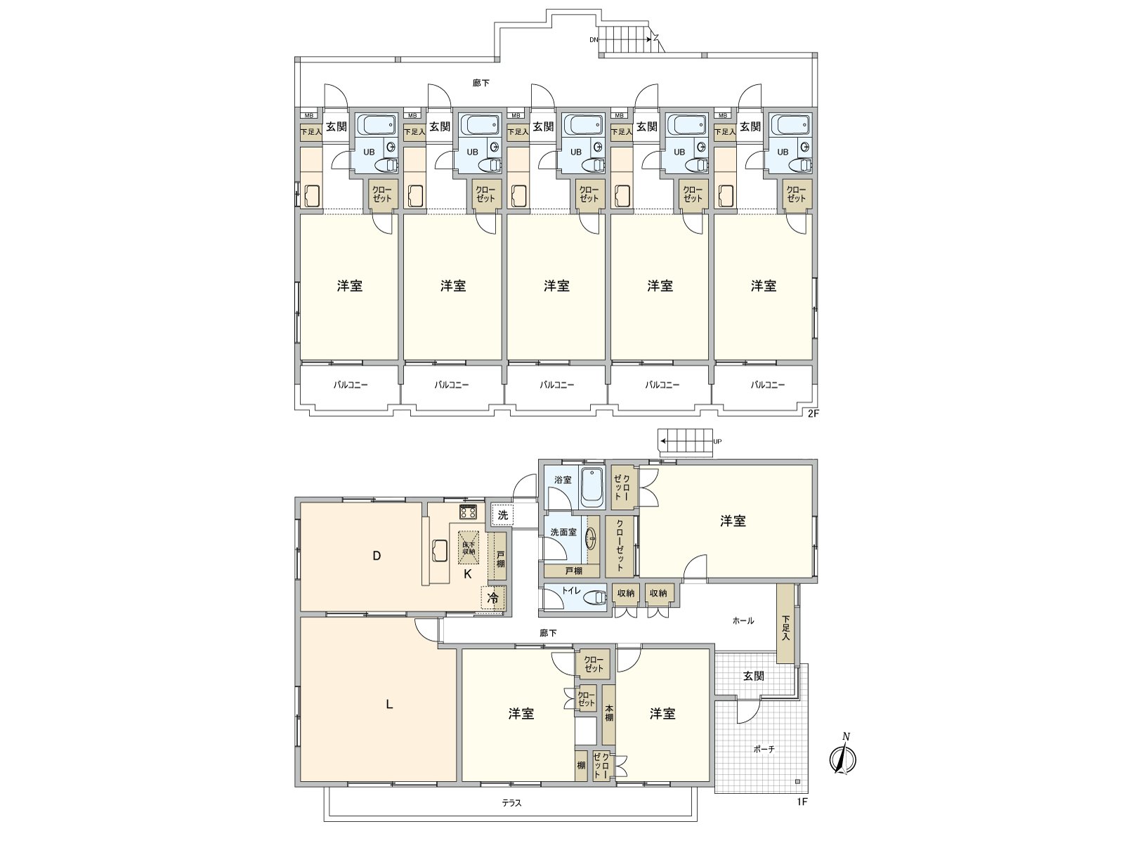 1st is Apartments of studio five rooms leasing a residential space of the 3LDK, part of 2nd floor. Because the place of the entrance is different from 1st in 2nd floor, it seems to be easy to secure privacy. Each Western-style room is provided with a closet.