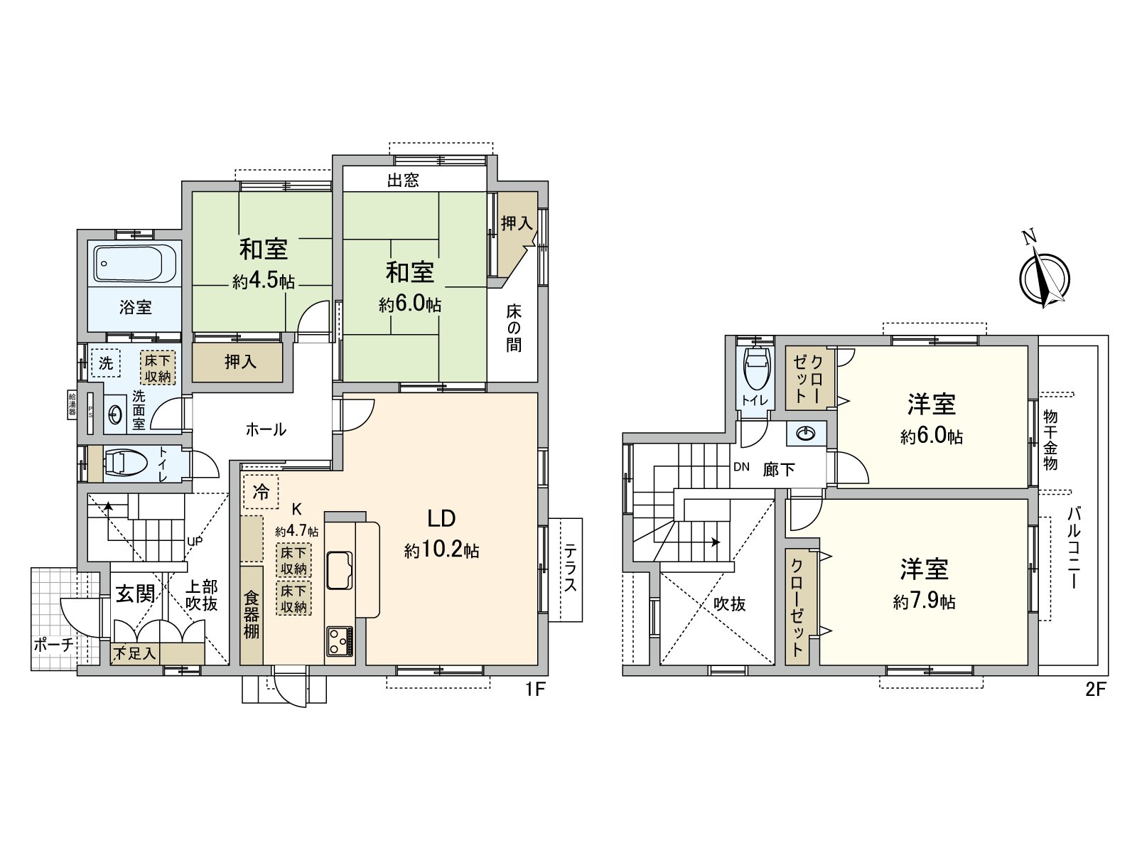 具有和式房間、西式房間各2個房間的家。和式房間同LDK鄰接，在多用途作為兒童樂園區以及團聚空間可以靈活使用。會話興奮起來的開放式廚房被采用。