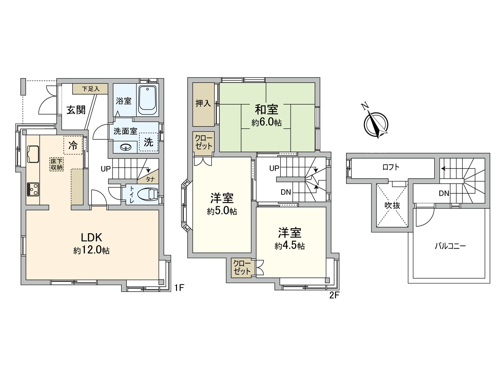 A house of a stairwell, the 3LDK with a loft. An excursion line of flow which can access a living, washing face room, the entrance around a kitchen is adopted. The extensive terrace is like opening brightly, and laundry seems to dry well.