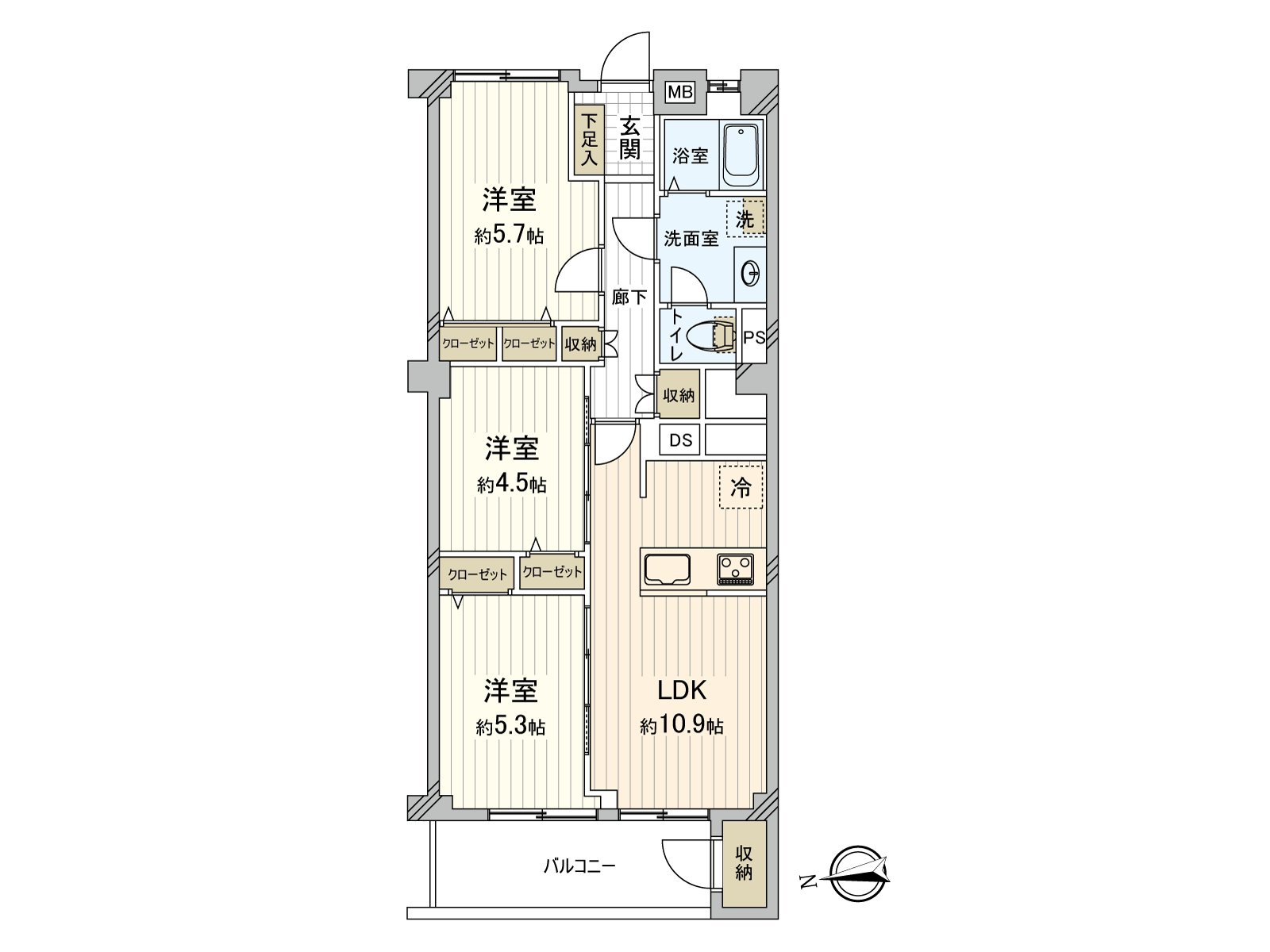 阳光到傍晚进入的朝西的3LDK。充实的收纳被具有，是能实现当做感觉清醒的生活的家。