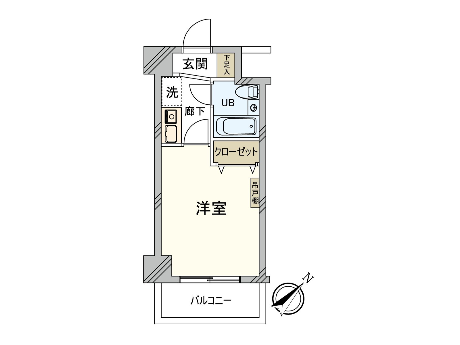 是具有面向東南的陽台的1K住戸。在走廊和西式房間之間具有門，難以從門口看得見室內，是隱私容易被保護的房型。