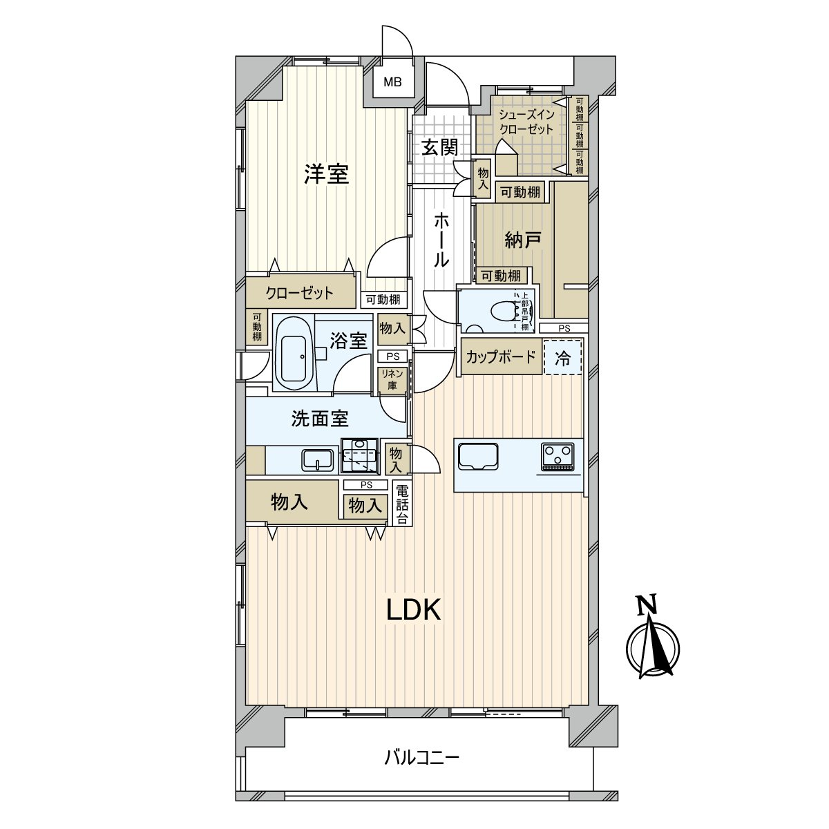 LDK、西式房間一起是2面采光的家。在廚房的旁邊具有洗臉室、浴室家務的同時進行容易實現的設計。不僅全居室而且，門口、走廊也有收納。