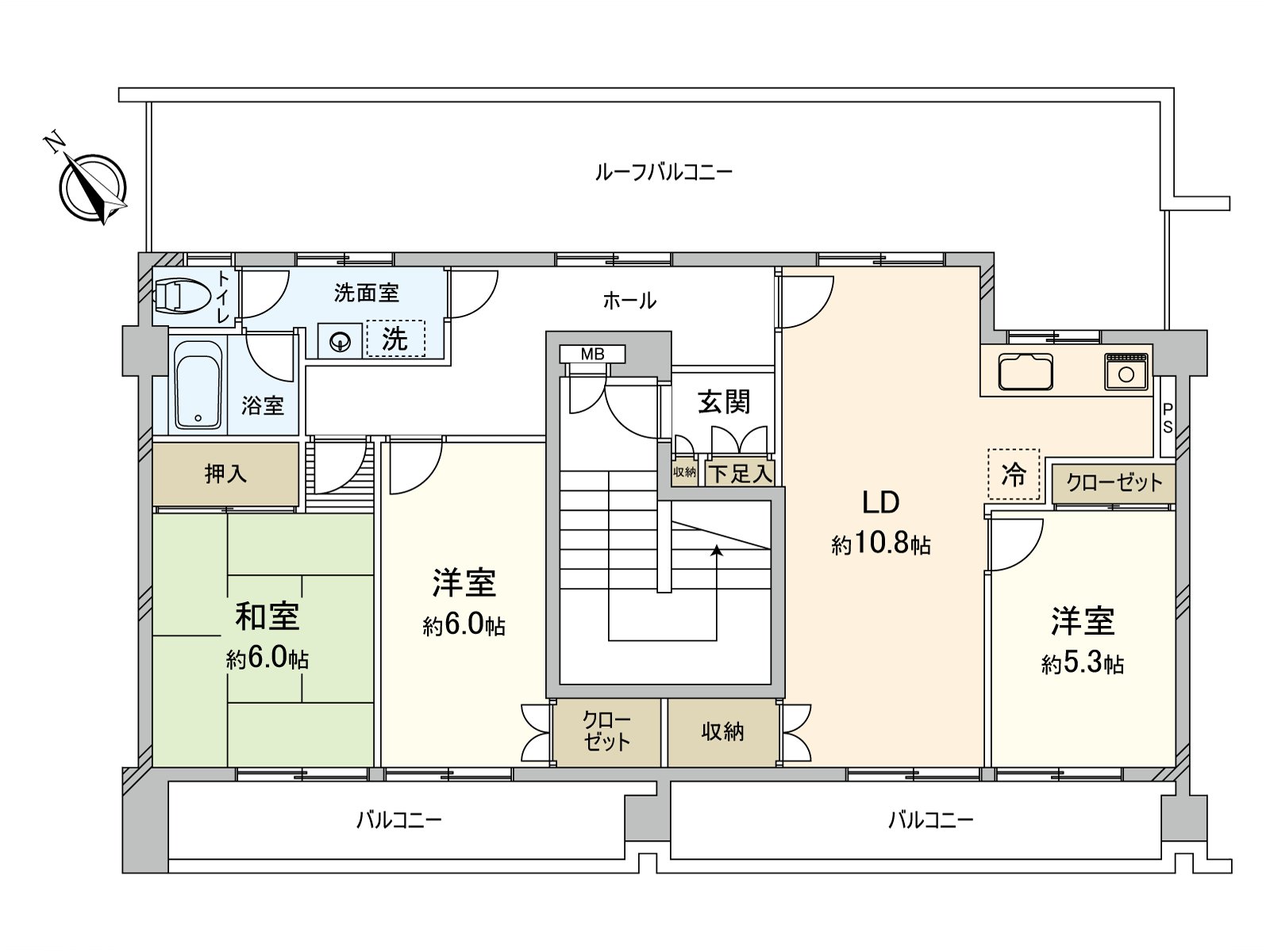 陽光、通風關於頂樓良好。為西南一側和東北一側的2面有陽台採光房，有開放感覺。全居室有收納，好像能在感覺清醒和整理的居住空間渡過。