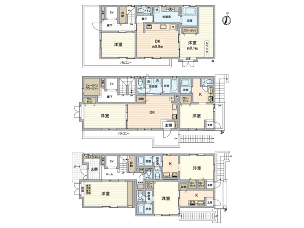 It is a house of 3DK where four lease parts were added to. A home elevator is installed. The abundant storage space such as 造付 けの storing shelves is established. A housework line of flow that a place equipped with a water supply was gathered is good Plan.