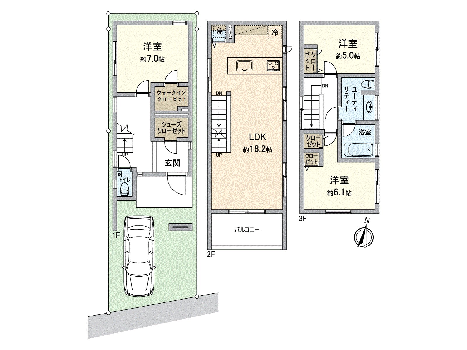 LDK where families gather is placed in the 2nd floor. A Western-style room is placed in 1st and the 3rd floor and can secure private space in each floor. The storing including shoes closet, the walk-in closet is abundant, too.