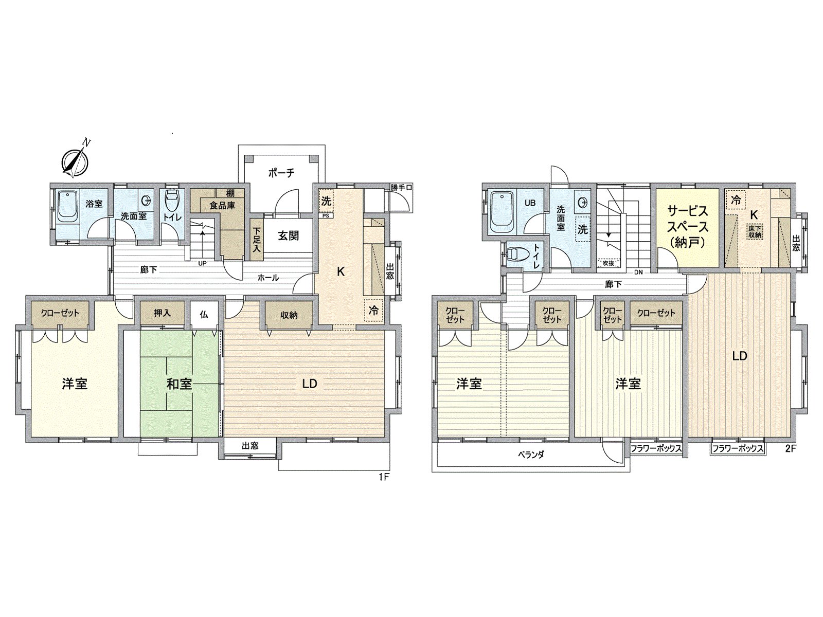 All rooms Southeast Orientation. It is the storing-rich house where total of, the storage of food and the service space were established in all rooms storing. As the places equipped with a water supply such as a kitchen, bathroom are located in each floor, it is the Plan which is recommended to the person who is looking for Duplex House.
