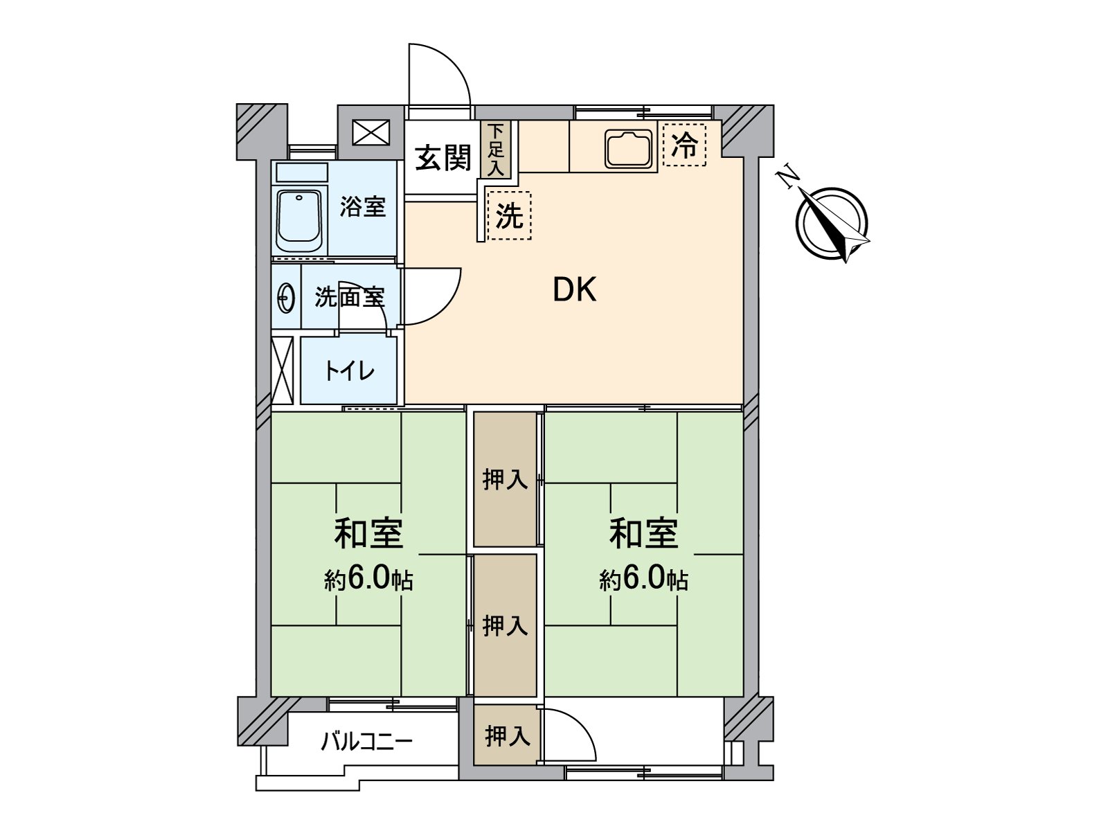 南西有阳台"2DK。"能有效活用空间的墙在的厨房被采用。为壁橱被分别在两个日式房间设立能宽敞使用室内。